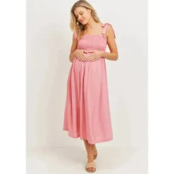 Hello Miz - Vestido Midi Maternidade Smocked com Ombro e Gravata, Rosa
