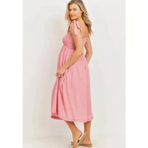 Hello Miz - Vestido Midi Maternidade Smocked com Ombro e Gravata, Rosa