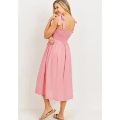 Hello Miz - Vestido Midi Maternidade Smocked com Ombro e Gravata, Rosa