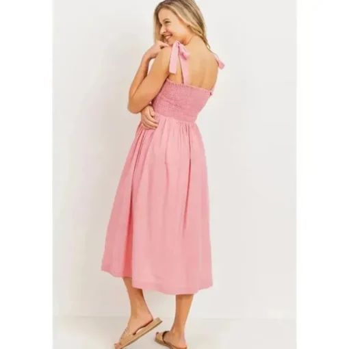 Hello Miz - Vestido Midi Maternidade Smocked com Ombro e Gravata, Rosa