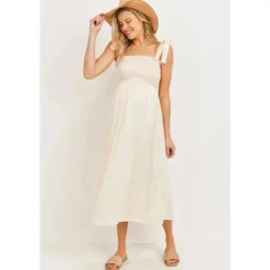 Hello Miz - Vestido Midi para Maternidade com Smocked Tie-Ombro, Aveia