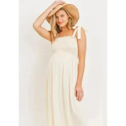 Hello Miz - Vestido Midi para Maternidade com Smocked Tie-Ombro, Aveia