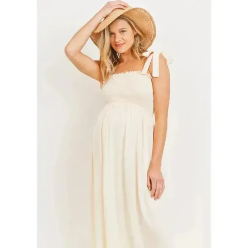 Hello Miz - Vestido Midi para Maternidade com Smocked Tie-Ombro, Aveia