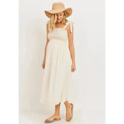Hello Miz - Vestido Midi para Maternidade com Smocked Tie-Ombro, Aveia
