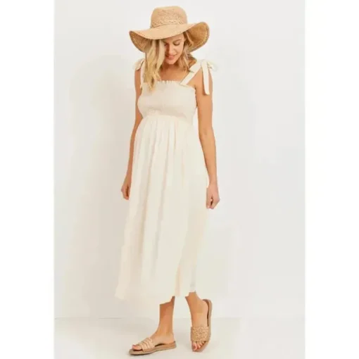Hello Miz - Vestido Midi para Maternidade com Smocked Tie-Ombro, Aveia