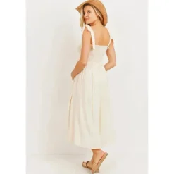 Hello Miz - Vestido Midi para Maternidade com Smocked Tie-Ombro, Aveia