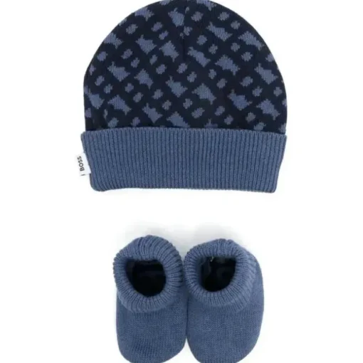 Hugo Boss - Conjunto de chapéu e chinelos Geometric Intarsia, Marinha