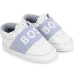 Hugo Boss Baby - Chinelos de couro, tênis menino, branco e azul claro