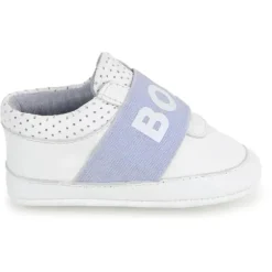 Hugo Boss Baby - Chinelos de couro, tênis menino, branco e azul claro