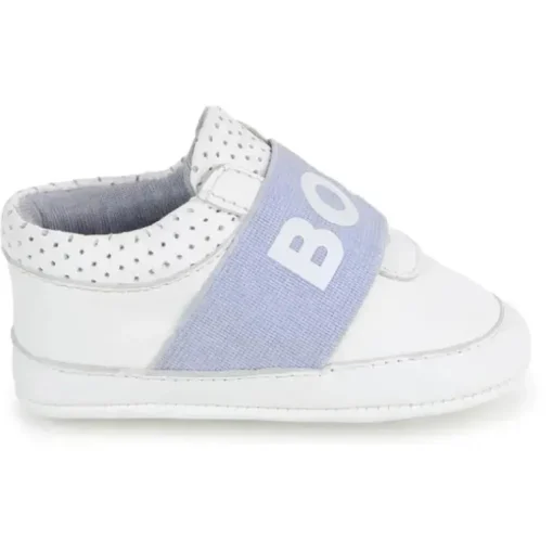 Hugo Boss Baby - Chinelos de couro, tênis menino, branco e azul claro