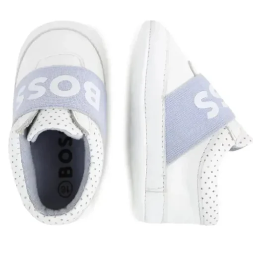 Hugo Boss Baby - Chinelos de couro, tênis menino, branco e azul claro