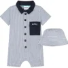 Hugo Boss Baby - Conjunto de algodão listrado tudo em um e chapéu, azul