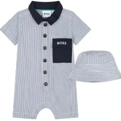 Hugo Boss Baby - Conjunto de algodão listrado tudo em um e chapéu, azul