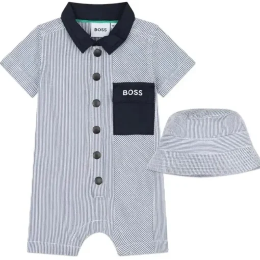 Hugo Boss Baby - Conjunto de algodão listrado tudo em um e chapéu, azul
