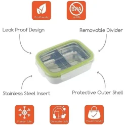Innobaby - Caixa de lanche Bento dividida em aço inoxidável Keepin' Fresh, 11 onças, verde