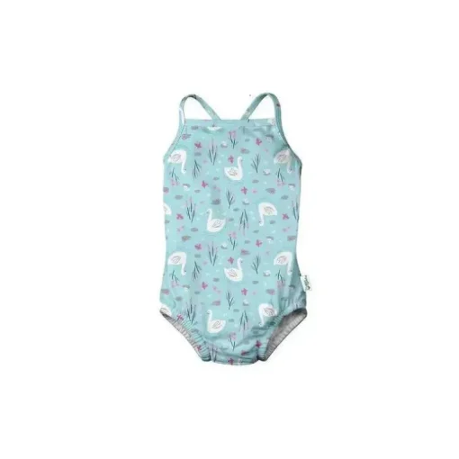 Iplay - Maiô Clássico para Bebê Menina com Fralda Absorvente Reutilizável Embutida, Cisne Aqua Claro