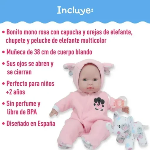 Jc Toys - Berenguer Boutique Soft Body Baby Doll Open/Close Eyes. Animal Theme Pink. Window Box