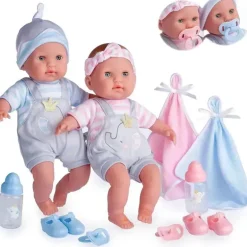 JC Toys - Bonecos gêmeos de corpo macio, conjunto de presente de 12 peças com olhos abertos/fechados, 2 anos +