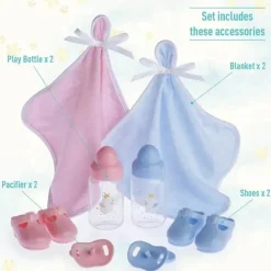 JC Toys - Bonecos gêmeos de corpo macio, conjunto de presente de 12 peças com olhos abertos/fechados, 2 anos +
