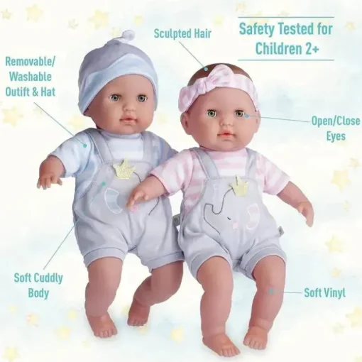 JC Toys - Bonecos gêmeos de corpo macio, conjunto de presente de 12 peças com olhos abertos/fechados, 2 anos +