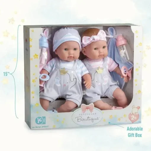 JC Toys - Bonecos gêmeos de corpo macio, conjunto de presente de 12 peças com olhos abertos/fechados, 2 anos +