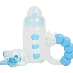 JC Toys - Conjunto de mamadeira, chocalho e chupeta azul para boneca, maiores de 2 anos