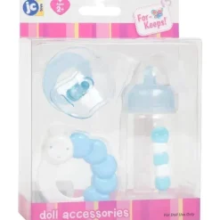 JC Toys - Conjunto de mamadeira, chocalho e chupeta azul para boneca, maiores de 2 anos