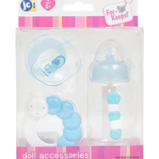 JC Toys - Conjunto de mamadeira, chocalho e chupeta azul para boneca, maiores de 2 anos
