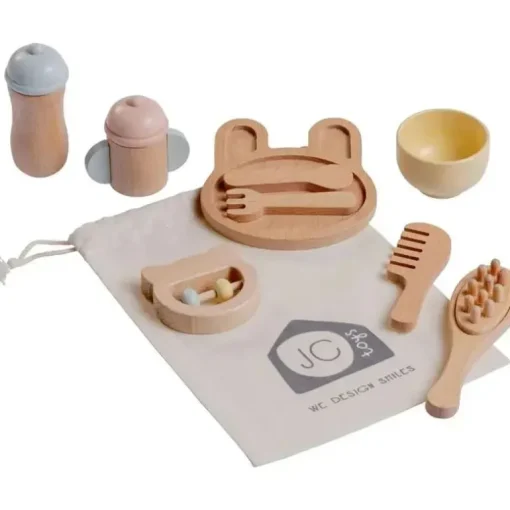 JC Toys - Conjunto de primeiros cuidados para bebês com 10 peças de madeira real, coleção Parfait Twiggly Toys