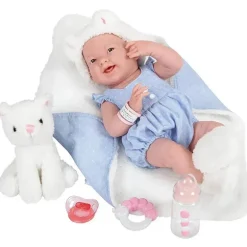 Jc Toys La Newborn 15 todo em vinil em macacão azul/tema de gato branco com amigo animal