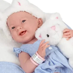 Jc Toys La Newborn 15 todo em vinil em macacão azul/tema de gato branco com amigo animal