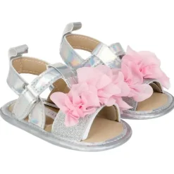 Josmo - Laura Ashley Crib Shoes Sandália Menina Prata Com Flor Rosa