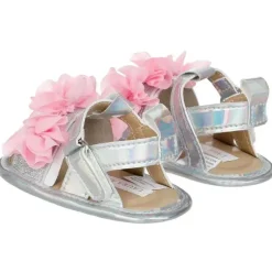 Josmo - Laura Ashley Crib Shoes Sandália Menina Prata Com Flor Rosa