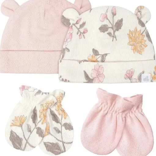 Just Born - Conjunto de bonés e luvas de 4 peças para bebês meninasMittens, Dusty Pink e Floral, 0-6M