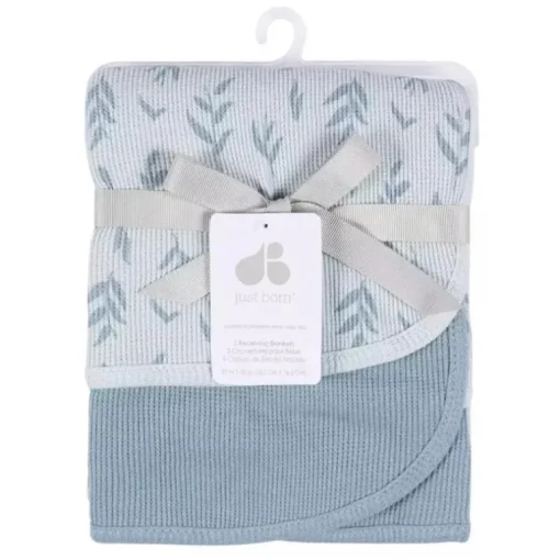 Just Born - 2Pk Cotton Baby Blanket Boy Blue Leaf