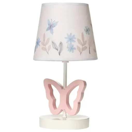 Lambs &amp; Ivy - Abajur de berçário de borboleta rosa Baby Blooms com abajur floral e lâmpada
