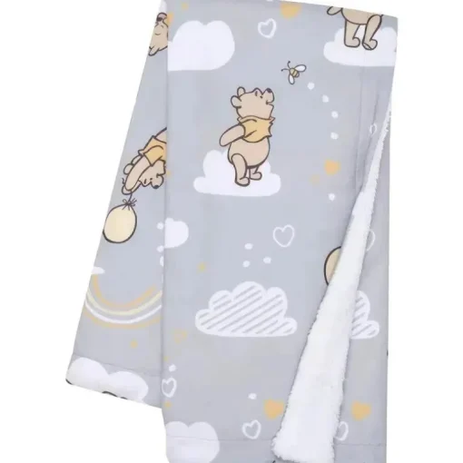 Lambs &amp; Ivy - Cobertor de bebê Sherpa cinza macio Disney Hunny Bear Winnie The Pooh