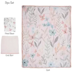 Lambs &amp; Ivy - Conjunto de cama para berço de bebê com 3 peças Baby Blooms rosa floral/borboleta