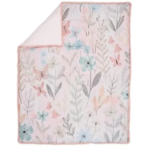 Lambs &amp; Ivy - Conjunto de cama para berço de bebê com 3 peças Baby Blooms rosa floral/borboleta