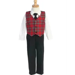 Lito - Conjunto Xadrez e Calça Baby Boy Natal, Vermelho/Preto