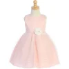 Lito - Vestido de tule listrado para bebê com debrum de strass e flor na cintura, rosa claro