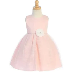 Lito - Vestido de tule listrado para bebê com debrum de strass e flor na cintura, rosa claro