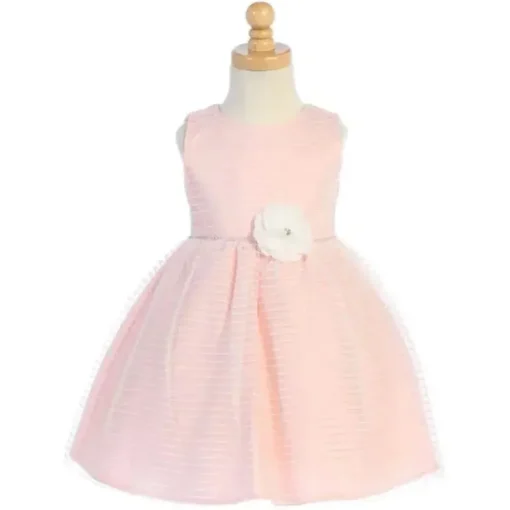 Lito - Vestido de tule listrado para bebê com debrum de strass e flor na cintura, rosa claro