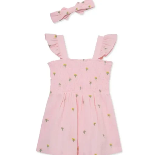 Little Me - Baby Girl Floral Schiffli Woven Romper Pink