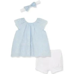 Little Me - Conjunto curto e tiara de ilhós tecido azul bebê menina