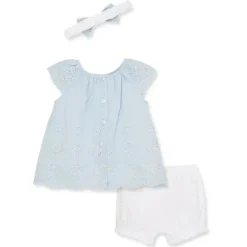 Little Me - Conjunto curto e tiara de ilhós tecido azul bebê menina