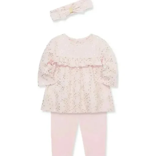 Little Me - Conjunto de túnica de malha canelada rosa coração brilhante para menina