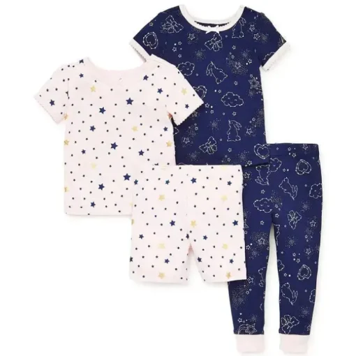 Little Me - Estrelas 4 peças de pijama de algodão, rosa multi