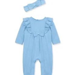Little Me – Macacão e tiara de malha Pointelle azul para bebê menina