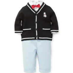 Little Me Signature Luxury Collection Baby Boys Puppy Cardigan Set 3 peças, suéter, calça e gravata borboleta, azul marinho/claro